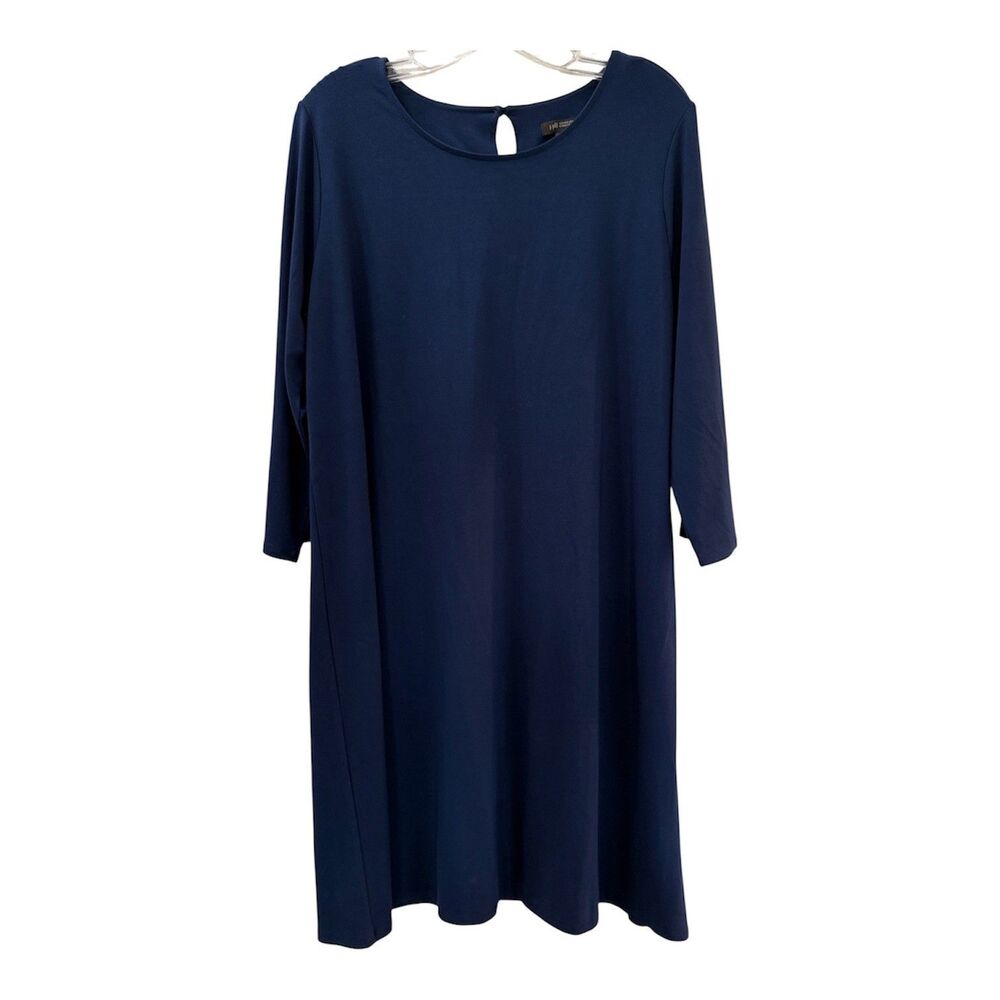 J Jill Wearever Shift Dress Size Large Navy Blue Pleated Split Back 3/4 Sleeve